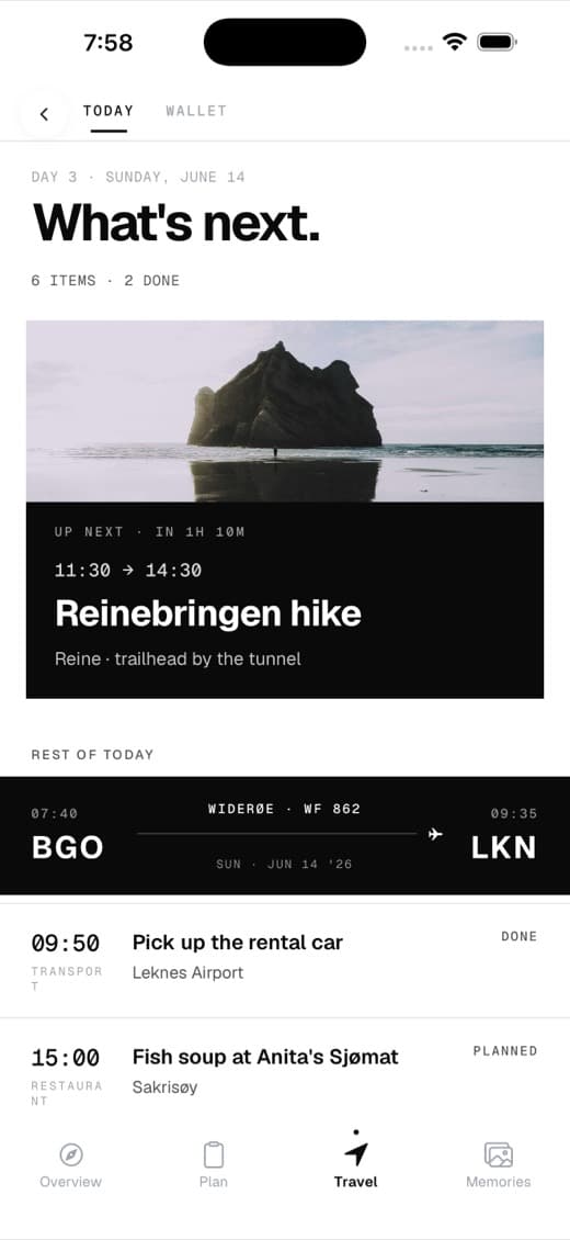 Our ITNRY daily itinerary showing the next activity and the rest of the day’s plans.